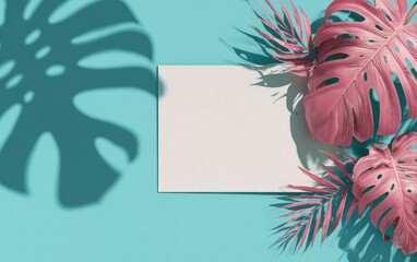 Flat lay with vibrant pink foliage and shadow casting on a blank white card over turquoise