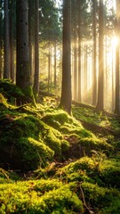 Sunlit Forest Landscape with Green Mossy Ground and Tall Trees in a Dramatic Cinematic Tone at Daytime