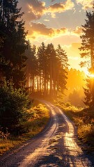 Sunlit Forest Path at Sunset with Golden Light Rays and Tall Trees in a Warm Cinematic Glow