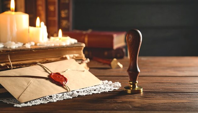 Candlelit Scene with Vintage Envelope and Sealing Wax Stamp on Wooden Table
