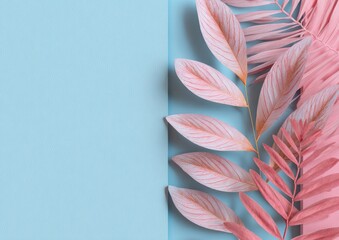Pastel-toned botanical design with a blue background and pink foliage