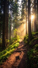 Sunlit Forest Path Through Tall Trees with Mossy Ground and Natural Light Rays Vertical Scenic View