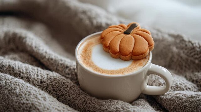 A delicious latte with smooth foam is adorned by a festive pumpkin cookie, resting on a cozy textured blanket. This scene captures the essence of fall comfort and inviting seasonal vibes