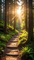 Sunlit Forest Path Through Woodland with Greenery and Tall Trees in Golden Light Cinematic Nature Photography