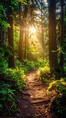 Sunlit Forest Path with Bright Sunlight Filtering Through Green Trees Creating a Warm and Inviting Atmosphere Natural Beauty and Scenic Landscape