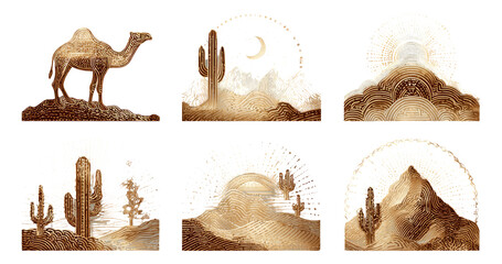 Artistic Desert Landscape with Camel and Cacti Illustrations in Warm Tones