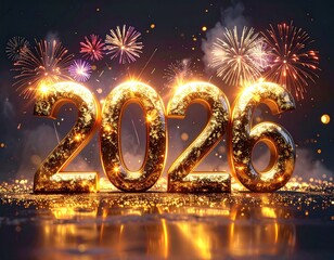 Golden 2026 Numbers with Fireworks for New Year Celebration