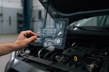 Automotive Technician Using Augmented Reality Interface for Car Diagnostics and Repair in a Modern Garage