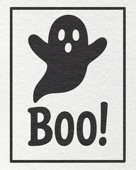 Halloween black ghost with Boo text in flat on textured white paper background, spooky greeting card or poster