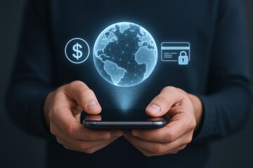 Digital Financial Technology: Person Using Smartphone with Global Currency and Secure Transaction Icons