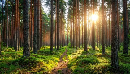 Sunlit Forest Path With Tall Trees And Green Undergrowth In Natural Daylight