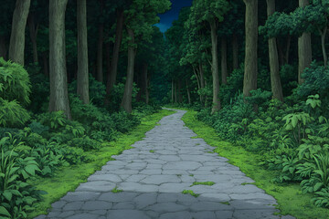 Stone Path Through Lush Green Forest with Tall Trees.