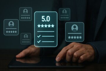 Tablet with holographic five star customer rating showing excellent service review, user satisfaction, and digital approval  
