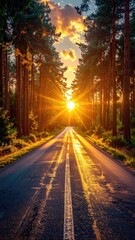 Sunlit Asphalt Road Through Tall Trees Leading to Glowing Horizon in Golden Hour, Dramatic Sunlight and Long Shadows, Warm Tones and Cinematic HDR Portrait Photography
