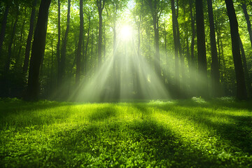 Sunbeams Pierce Through Lush Green Forest Canopy Illuminating Forest Floor.