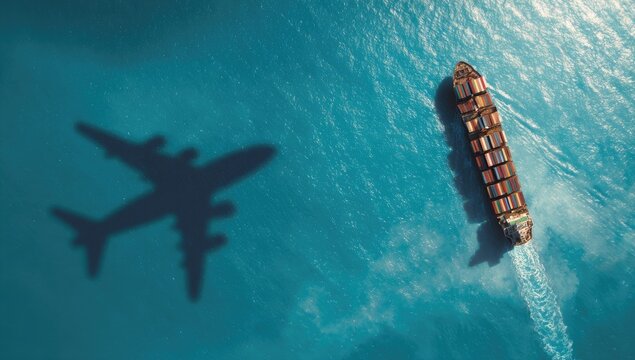 Aerial view container ship sails ocean, airplane's shadow falls beside