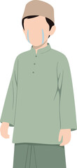 Fototapeta premium A Muslim boy in green traditional clothing and cap stands in tears, perfect for themes of emotion, empathy, or life challenges