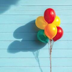 A vibrant bouquet of colorful balloons against a bright blue, weathered wooden wall