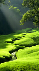 Sunlight Streams Through Lush Green Landscape With Winding Creek.