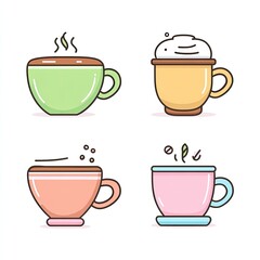Obraz premium Vector illustration of four different colorful mugs with various hot beverages