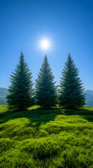 Three Evergreen Trees Standing Tall on a Grassy Hillside Under a Bright Blue Sky.
