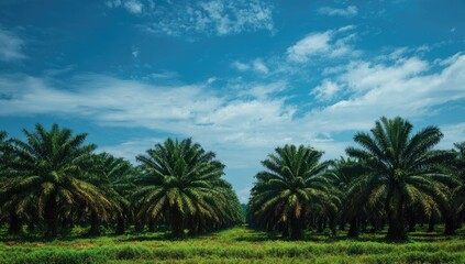 Obraz premium Palm tree plantation under a vibrant blue sky