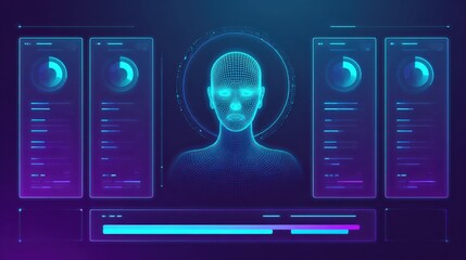 Futuristic AI Interface Displaying Human Face Analysis with Data Visualization and Cybernetic Elements in Neon Blue