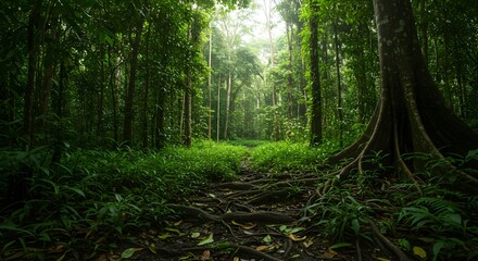 Obraz premium Amazonia a dense tropical rainforest with exposed tree roots and vibrant green foliage creating a lush canopy view