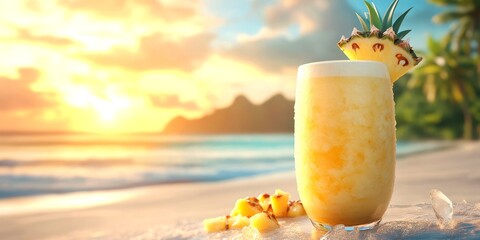 Refreshing tropical beverage enjoyed on a sandy beach during sunset with a beautiful ocean backdrop and garnished with pineapple