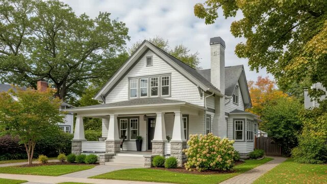 charming white shingle-sided home features gabled roof stone-based porch columns and tall chimney Lush green lawns paver walkways and vibrant autumn foliage surround the residence