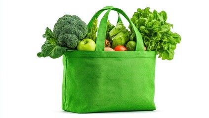 A green tote bag overflowing with fresh green vegetables and fruits, isolated on white