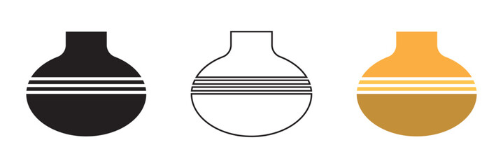 Set of decorative Flower vase icon. Collection of three stylized vase icons in different colors and outlines, useful for design, decoration, logo, or creative graphic projects.
