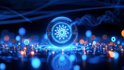A glowing blue orb with a sun-like emblem rests on a reflective circuit-board under neon lights  now - Powered by Adobe