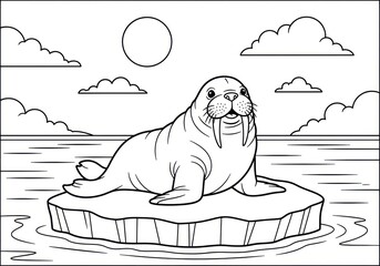 Cute Walrus Resting on an Ice Floe in the Arctic Ocean.
