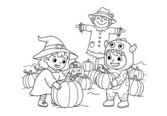 Fototapeta premium Children in Halloween costumes picking pumpkins at a pumpkin patch with a scarecrow.