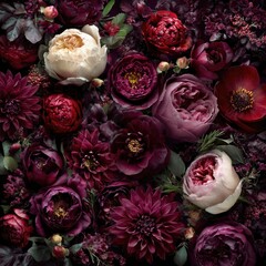 A lush floral arrangement with deep burgundy and cream blooms. Rich tones create a romantic scene