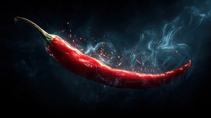 Fiery Red Chili Pepper with Smoke and Sparks Against a Dark Background, representing heat and spice