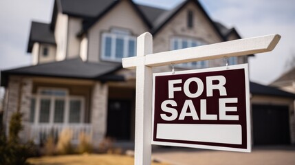 Fototapeta premium Real Estate For Sale Sign in Front of Modern Suburban Home, Illustrating Housing Market Opportunity
