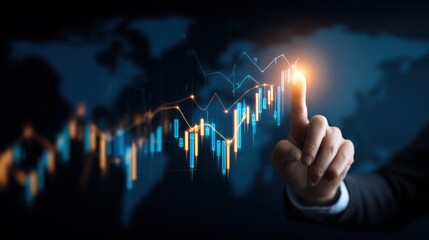 Financial Growth and Global Market Analysis: Hand Interacting with Stock Market Data Visualization on Screen