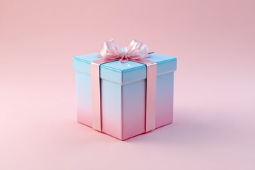 A gradient pink & blue gift box with satin ribbon & bow sits on a soft pink background