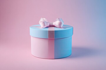 Round blue gift box with a pink ribbon and bow, gradient background