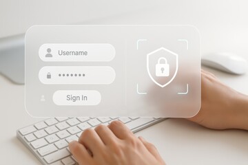 Fototapeta premium Typing on keyboard with holographic login form showing username password and secure sign in authentication 
