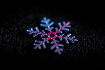 Macro shot of a colorful, iridescent snowflake on a dark, textured background