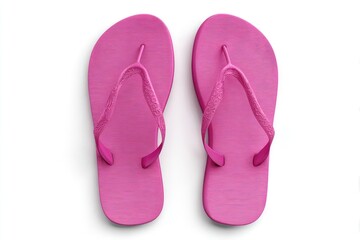 Overhead view of two bright pink flip-flops with textured surface, isolated on white