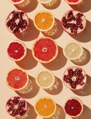 Sliced citrus and pomegranate arrangement on a beige backdrop, casting shadows