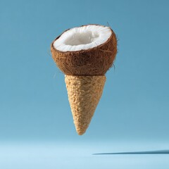 A halved coconut atop a waffle cone floating against a vibrant blue backdrop