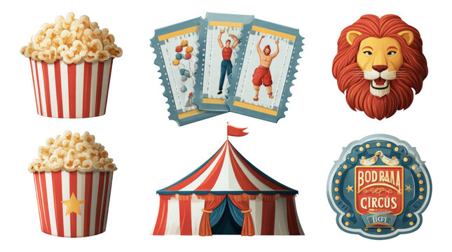 Colorful Circus Elements with Popcorn, Lion, Tent and Circus Cards on Transparent Background