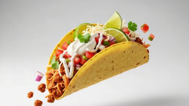 crisp golden hard-shell taco levitates overflowing with seasoned meat shredded cheese diced tomatoes red onions cilantro and lime Creamy sauce drizzles over vibrant ingredients scattered on white back