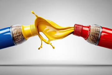 Paintbrushes collide; yellow paint splashes dramatically outward