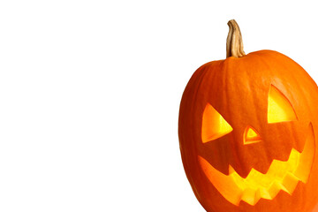 Halloween poster design with peeking jack-o-lantern against white background. Space for text